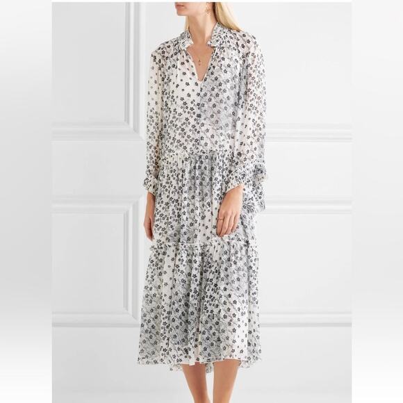 See by Chloe White Blue Floral Chiffon Tiered Maxi Dress Size 40 or 8 - Picture 1 of 16